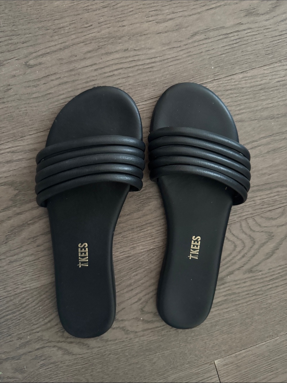 TKEES Black Padded Multi-Strip Slide Sandals